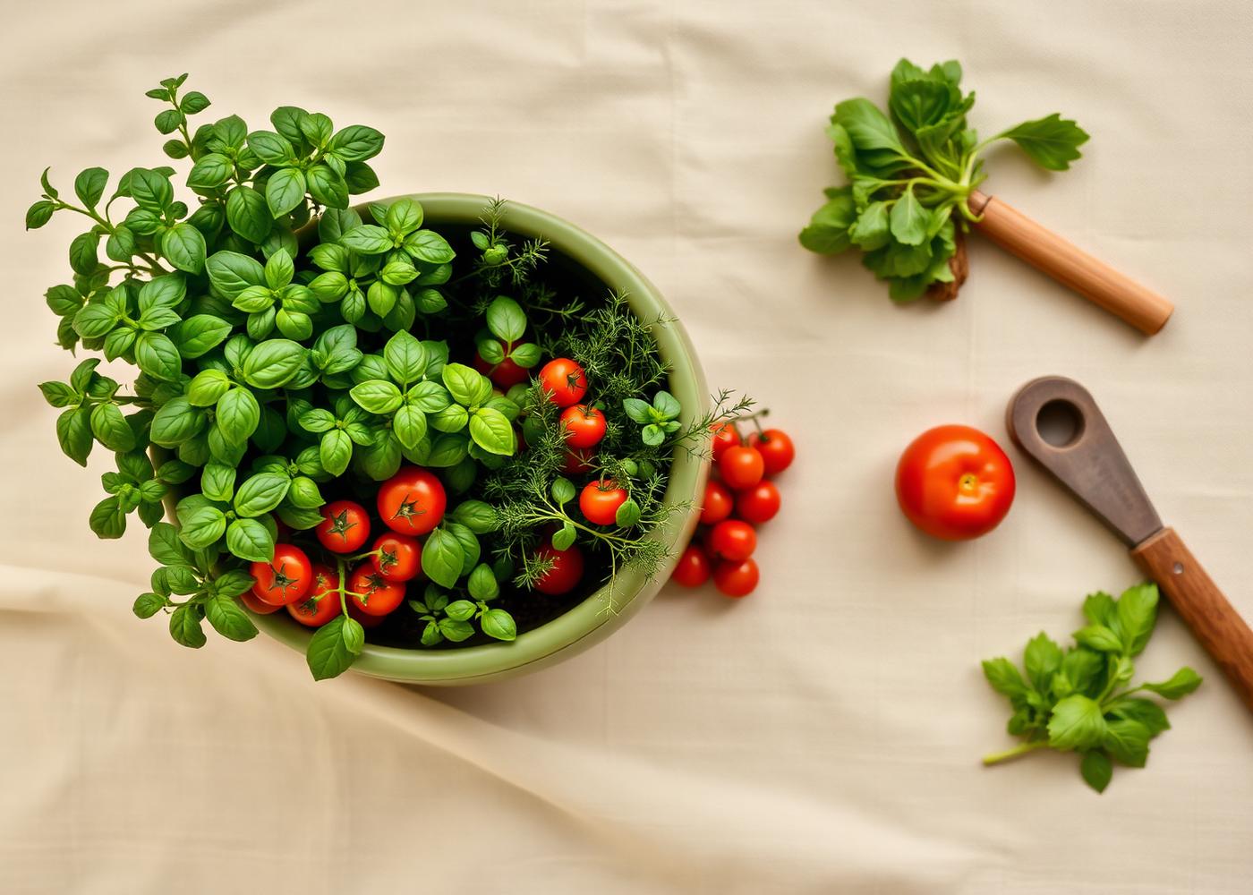 Overhead view of a Karvaspire planter with basil, thyme and cherry tomatoes